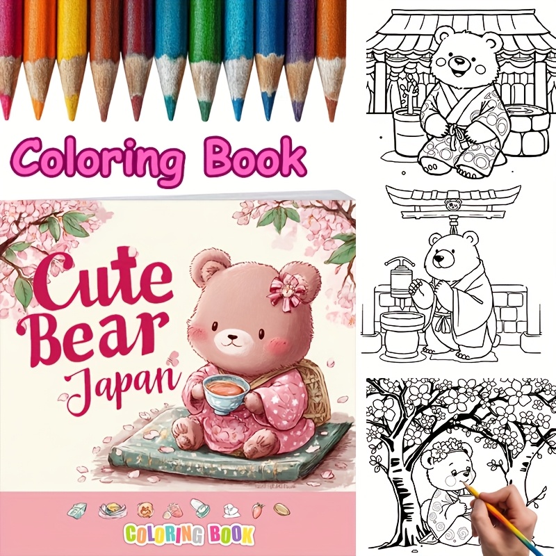 28 Pages Cute Bear in Japan Co - Adult Coloring Book Stress Relief 评论和价格