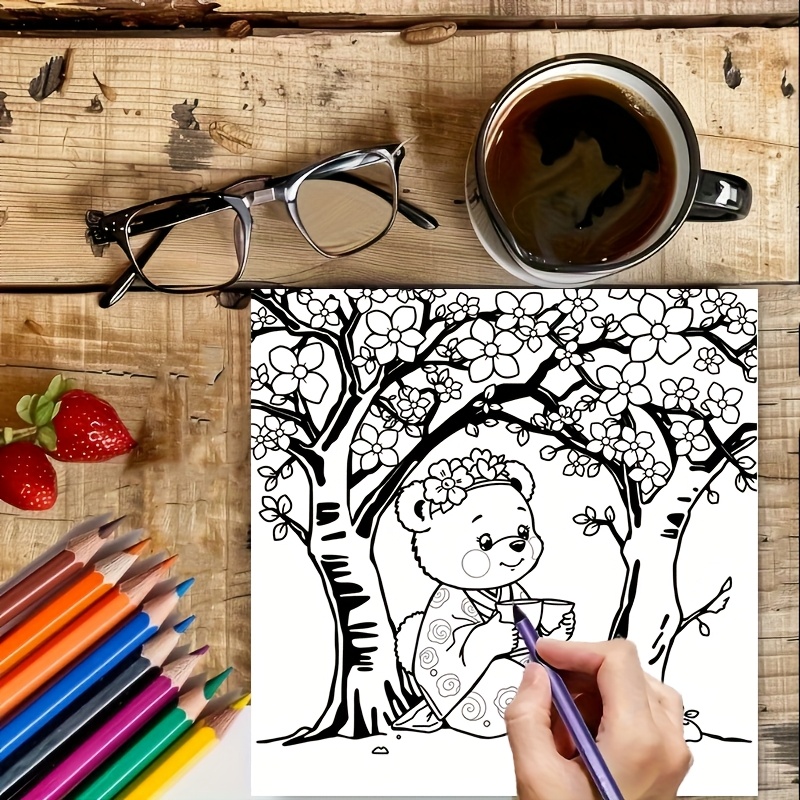 28 Pages Cute Bear in Japan Co - Adult Coloring Book Stress Relief 评论和价格